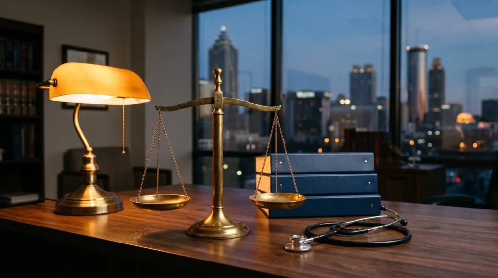 Medical malpractice attorney Atlanta office desk with brass scales of justice, stethoscope and case binders overlooking the downtown Atlanta skyline at dusk