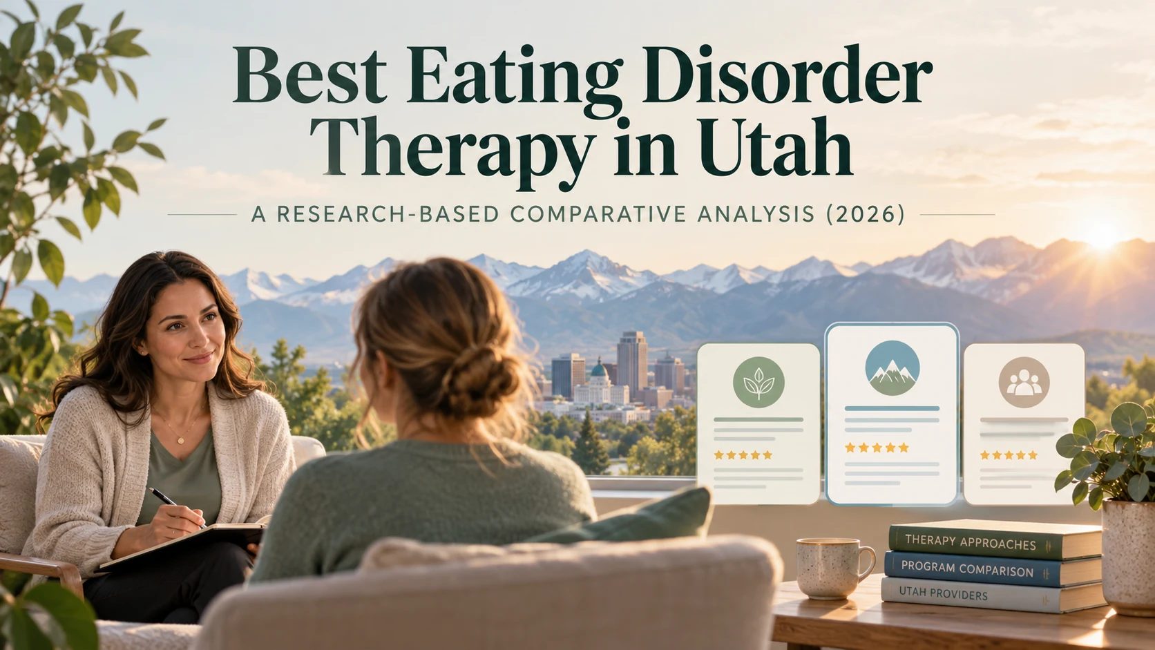 Therapist speaking with a client against a Utah mountain backdrop, illustrating a 2026 comparison of eating disorder therapy providers.